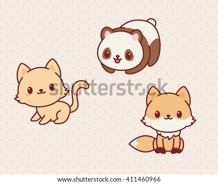 Kawaii animals set, part 2. Vector illustration of cute animals. Kitten, panda, fox.