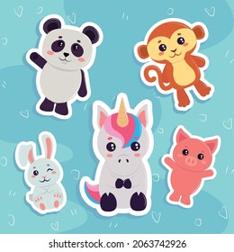 kawaii animals sticker icon set