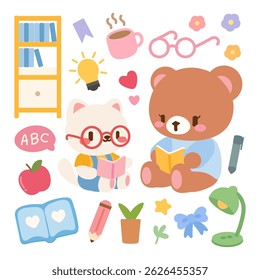 Kawaii Animals Studying and Reading, Cute School Vector Set. Cute Bear and Cat Reading Books, Back to School Clipart. Adorable Classroom Elements with Animals, Vector Education Set.