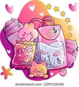 Kawaii  animals vector with food colourful pink card