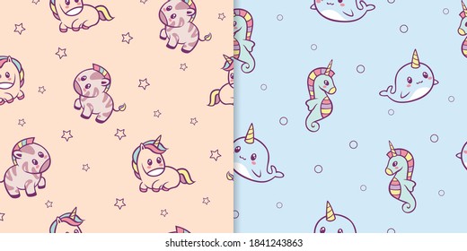 Kawaii anime animals seamless pattern. Cute zebras with red spots and rainbow mane small pink funny unicorn with yellow green fur smiling narwhal and blue seahorse with horn multicolor vector.