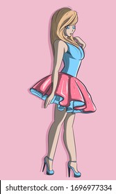 Kawaii anime ballerina wearing high heels and a pink tutu. Manga blonde girl with a blue dress.