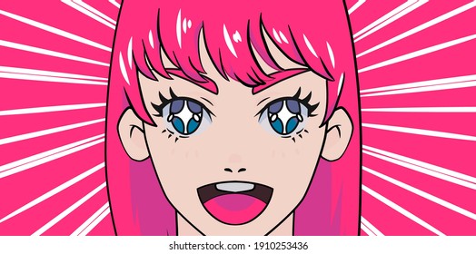 Kawaii anime girl. Concept of animated TV show with smiling cheerful cartoon character.