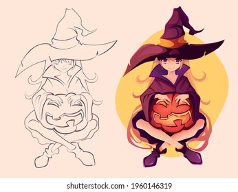 Kawaii anime girl witch, line art ,vector illustration