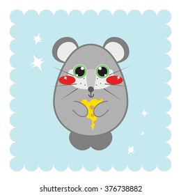 Kawaii anime home mouse with big sparkle eyes and sweet cheeks. Cute colors, flat style. Piece of cheese on hand. Isolated on blue background