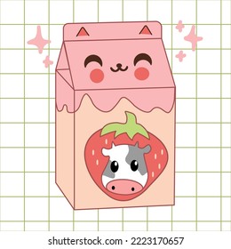 Kawaii anime illustration with carton of milk. Strawberry taste. Asian product. Hand drawn trendy girly background. Cute cartoon character on drink package box.