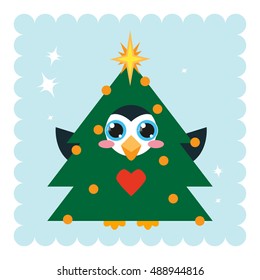 Kawaii anime Penguin with big sparkle eyes. Cute colors, flat style. Funny Christmas tree outfit. Isolated on blue background