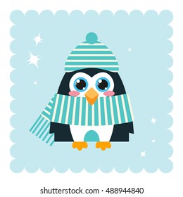 Kawaii anime Penguin with big sparkle eyes and sweet cheeks. Cute colors, flat style. Stripped scarf on the body. Isolated on blue background