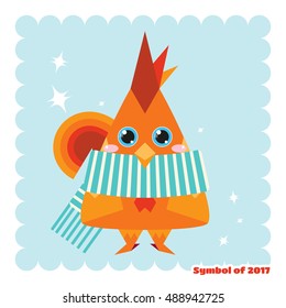 Kawaii anime Rooster with big sparkle eyes and sweet cheeks. Cute colors, flat style. Stripped scarf on the body. Isolated on blue background. Symbol of Chinese New Year