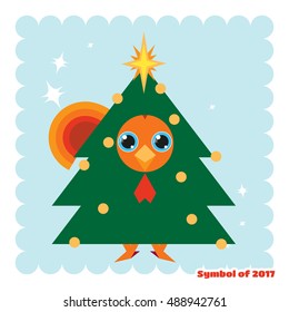 Kawaii anime Rooster with big sparkle eyes. Cute colors, flat style. Funny Christmas tree outfit. Isolated on blue background. Symbol of Chinese New Year
