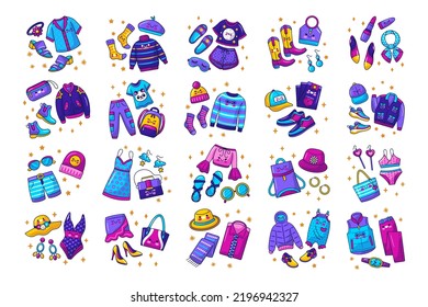 Kawaii apparel and accessories stickers. Vector illustration set isolated on white background