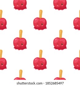Kawaii Apple in Caramel seamless pattern. Cute vector illustration. Funny smiling dessert characters isolated on white background. Use for cafe decorations, food hall menu, print, wrapping paper.