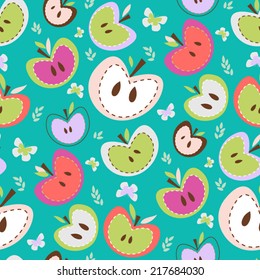  Kawaii apple fruit seamless pattern, texture, background design with leaves, apples and butterfly for kids 
