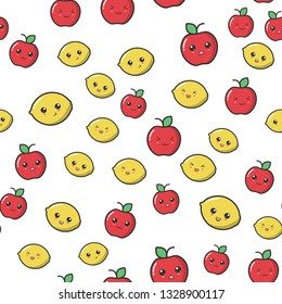 kawaii apple and lemon with cute black eyes seamless pattern. kawaii fruit with emotional faces seamless pattern