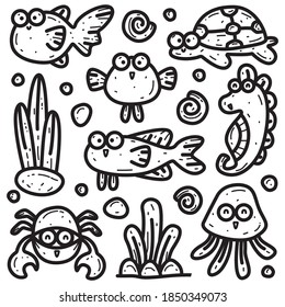Kawaii Aquatic Animals Cartoon Doodle Designs Stock Vector (Royalty ...