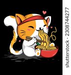 Kawaii Asian Cat Is Sitting And Eating Ramen