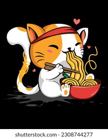 Kawaii Asian Cat Is Sitting And Eating Ramen