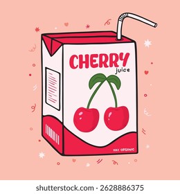 Kawaii Asian drink with Cherry flavor and straw. Cherry juice box package vector illustration. Cute packet of juice box.