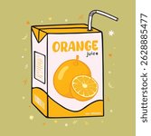 Kawaii Asian drink with Orange flavor and straw. Orange juice box package vector illustration. Cute packet of juice box.