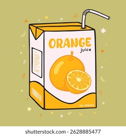 Kawaii Asian drink with Orange flavor and straw. Orange juice box package vector illustration. Cute packet of juice box.