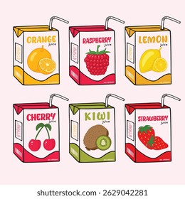 Kawaii Asian drink with Orange, Strawberry, Raspberry, Cherry, Kiwi and Lemon flavor and straw. juice box package vector illustration. Cute packet of juice box.