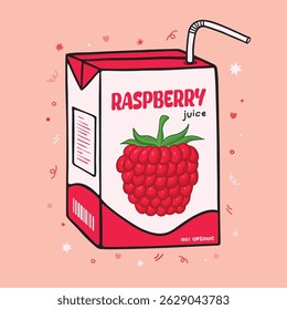 Kawaii Asian drink with Raspberry flavor and straw. Strawberry juice box package vector illustration. Cute packet of juice box.
