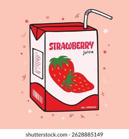 Kawaii Asian drink with Strawberries flavor and straw. Strawberry juice box package vector illustration. Cute packet of juice box.