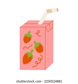 Kawaii asian drink with strawberry flavor and straw. Cute packet of juice or milk box. Vector flat illustration o isolated background