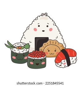 Kawaii Asian Food Symbol Element Funny Cartoon Icon Asian Sushi Roll Symbol Kawaii Asian Food Decoration Element Doodle Cute Bright Happy Kawaii Icon Silhouette Talisman Icon Template