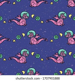 Kawaii astronaut purple dragon cartoon seamless vector pattern. Hand drawn space fantasy tile. All over print for planet and star blog on galaxy background. Universe home decor EPS 10. 