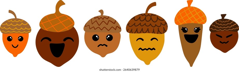 kawaii autumn acorns cute cartoon characters vector set various emotional expressions for fall season designs children's projects oak nuts