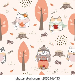 Kawaii Autumn Cat Seamless Pattern, Design pattern for print, textile, fabric, wrapping paper, wallpaper, scrapbooking