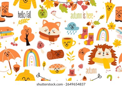 Kawaii Autumn Cute Elements Seamless Pattern.