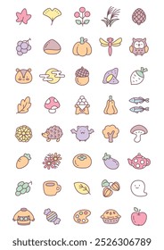 Kawaii autumn icon set. Collection of cute hand drawn illustrations of autumn food, falling leaves, animals and festive decorations isolated on a white background. Vector 10 EPS.