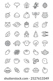 Kawaii autumn icon set. Collection of cute hand drawn monochrome illustrations of autumn food, falling leaves, animals and festive decorations isolated on a white background. Vector 10 EPS.