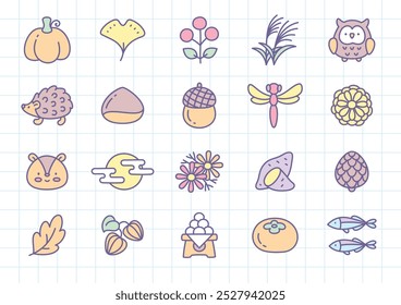 Conjunto de iconos de otoño de Kawaii. Colección de ilustraciones monocromáticas dibujadas a mano lindas (hoja de arce, batata, búho, miscanthus, libélula, etc.) aisladas sobre un fondo blanco. Vector 10 EPS.