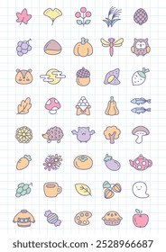 Kawaii autumn icon set. Collection of cute hand drawn illustrations of autumn food, falling leaves, animals and festive decorations on a checkered background. Vector 10 EPS.