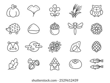 Kawaii autumn icon set. Collection of cute hand drawn stickers (acorn, chrysanthemum, mushroom, hozuki, hedgehog etc.) on a checkered background. Vector 10 EPS.