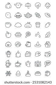 Kawaii autumn icon set. Collection of cute hand drawn monochrome illustrations of autumn clothes, falling leaves, sweets and halloween decorations isolated on a white background. Vector 10 EPS.