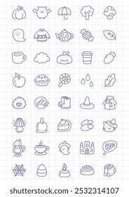 Kawaii autumn icon set. Collection of cute hand drawn monochrome illustrations of autumn clothes, falling leaves, sweets and halloween decorations isolated on a checkered background. Vector 10 EPS.