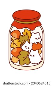 Kawaii Autumn Jam Jars.Vector kawaii clipart illustration of code jam jars with autumn leaves and charming characters, set on a cut isolated background, adding a delightful touch to the autumn scenery