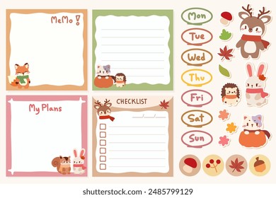 Kawaii Autumn Memo Set.Cute Planner Stickers and Note Templates. Adorable Fall Themed Planner Kit. Memo Notes and Stickers. Cute Animal Autumn Planner. Stickers, Memos, and Weekly Planner.