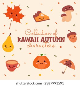 Kawaii autumn season character set.  Cute and colorful fall elements. Leaf, drink, pumpkin, umbrella etc. Vector illustration.