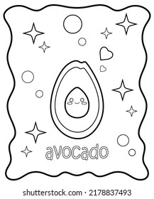 Kawaii avocado with happy face. Coloring page with cartoon fruit. Healthy food. Vector illustration.