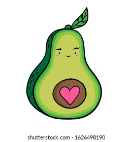 Kawaii avocado with a heart. Vector Cartoon Avocado. Happy Funny Asian Character for Children's Restaurant Menu, print, card, design. Cute Hand Drawn Face. Vector illustration on white background.