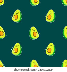 Kawaii Avocado Illustration, Fruit Seamless Pattern, Vector EPS 10.
