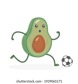 Kawaii avocado plays football. Green fruit runs, kicks a soccer ball. Food. Sport. White background. Vector illustration. Cute isolated