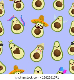 Kawaii  avocado seamless pattern.Hand drawn vector. Trendy violet background