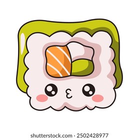 Kawaii avocado sushi roll with fish flat color vector illustration. Tasty Asian delicacy. Healthy seafood dish character on white background