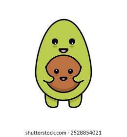 Kawaii avocado vector illustration. Cute character - green avocado berry gently holding its seed. Organic food, healthy eating concepts.